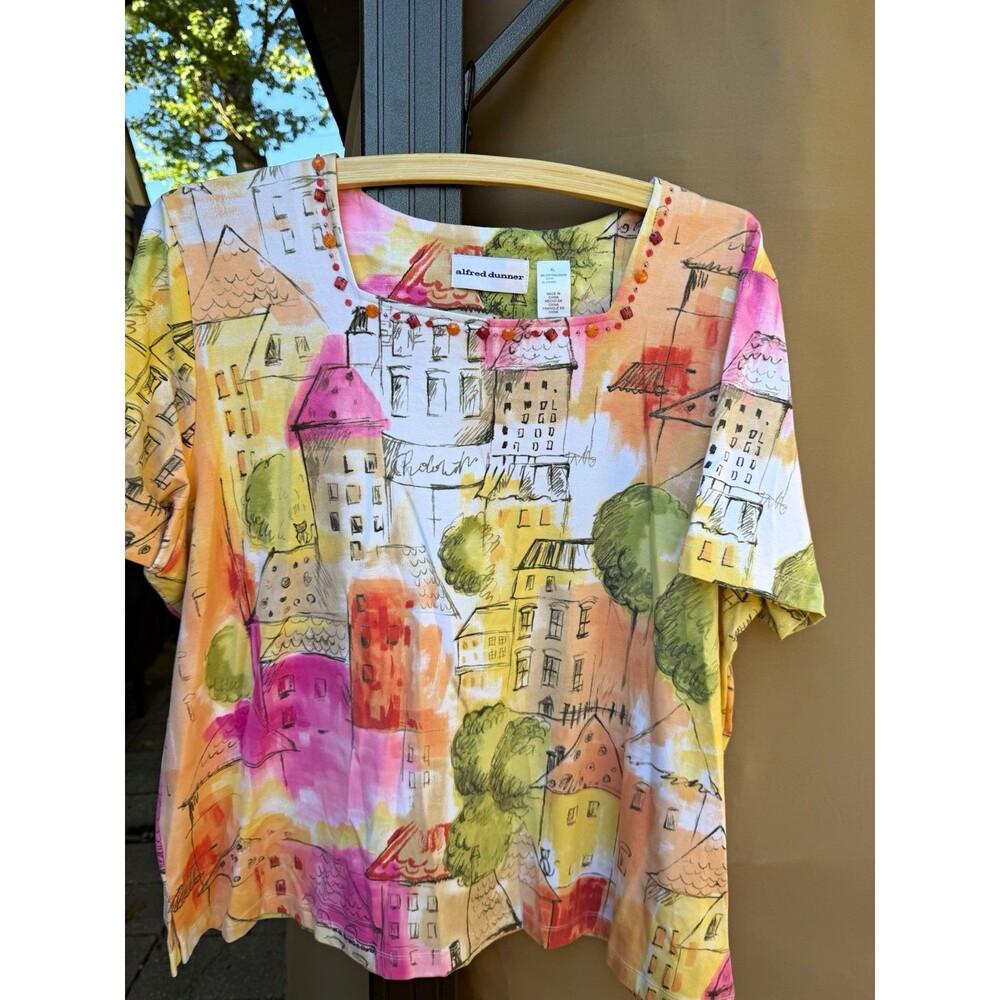 Alfred Dunner Top Womens XL Multicolor Cityscape Square Neck Short Sleeve Beaded